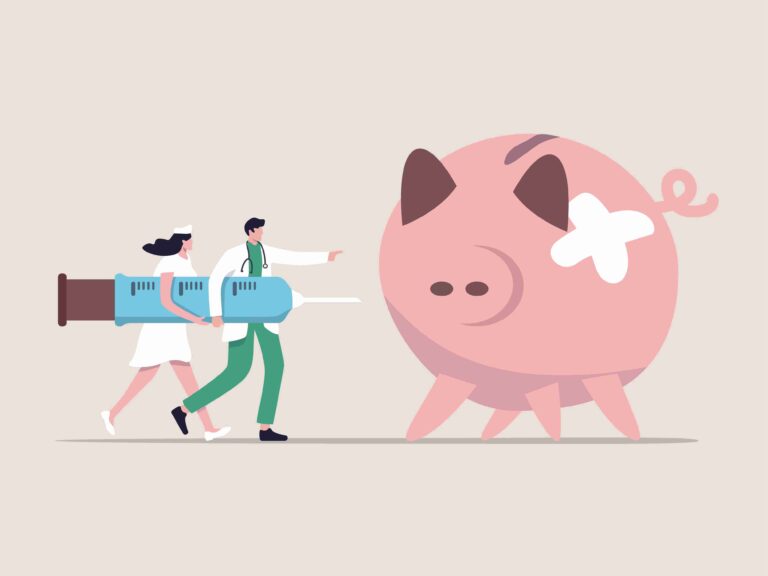 cartoon doctor nurse carries needle to the piggy bank