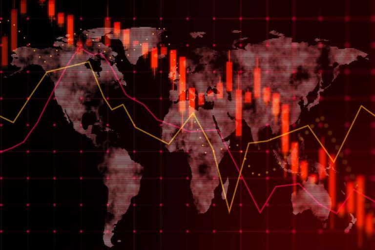 Global stock market crash with red charts over world map