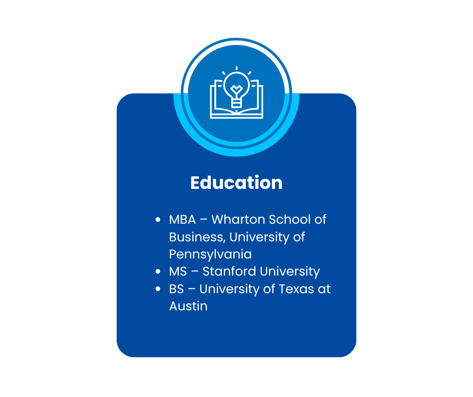 Education history infographic showing MBA, MS, and BS degrees from top universities.