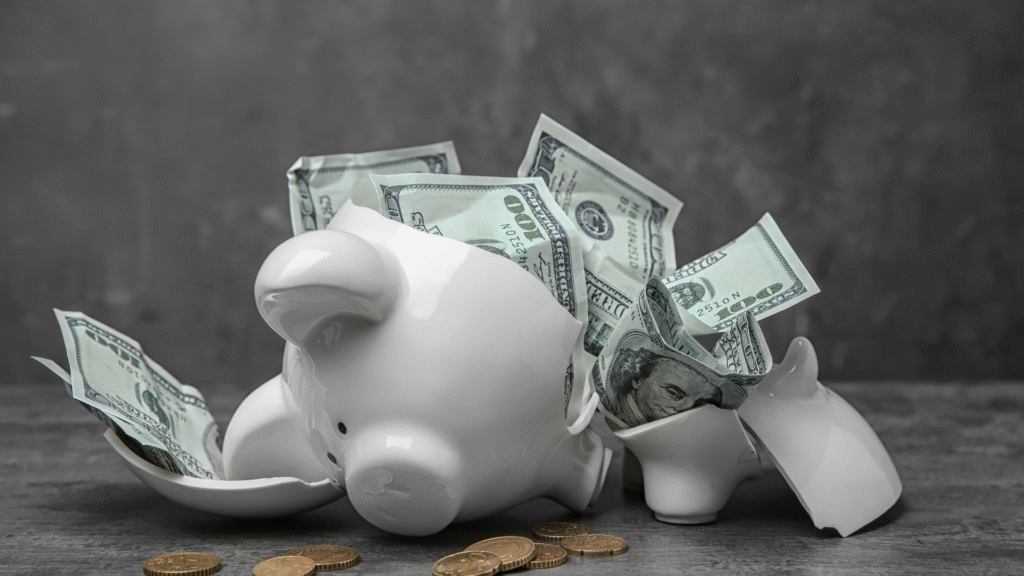 Broken piggy bank revealing money inside