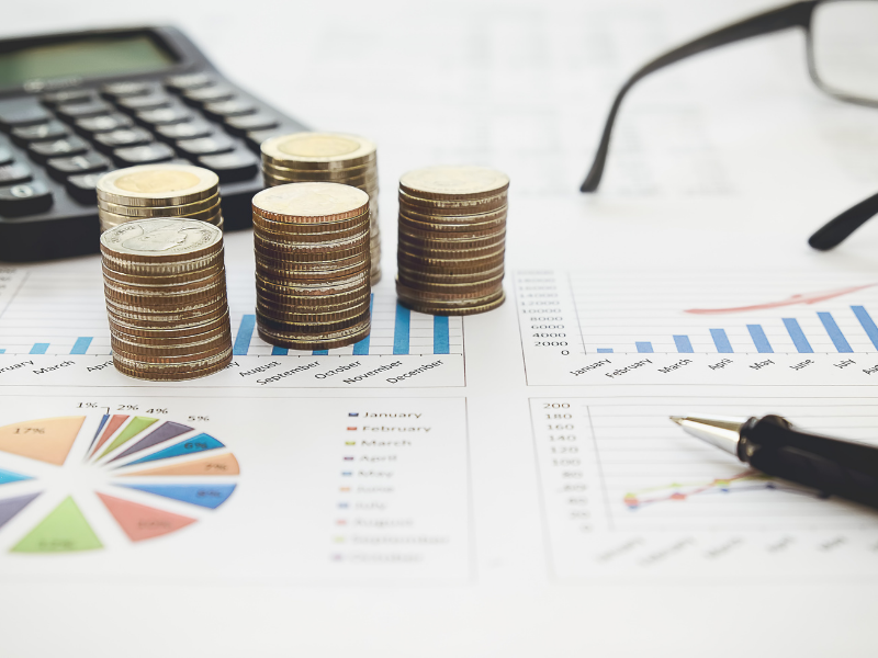 Business finance analysis with money, pie chart, and bar graph