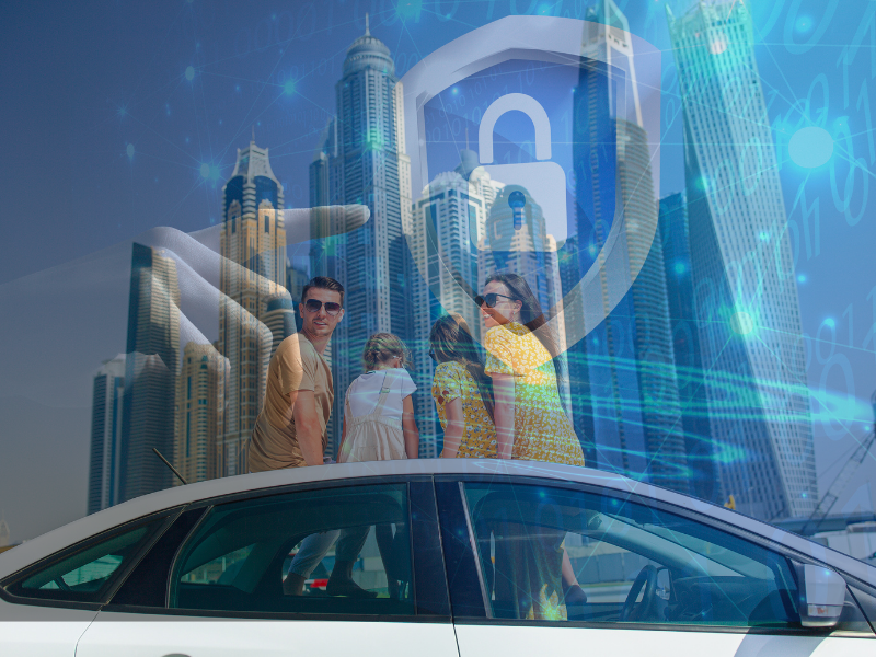 Family with car in city skyline representing insurance and asset protection planning