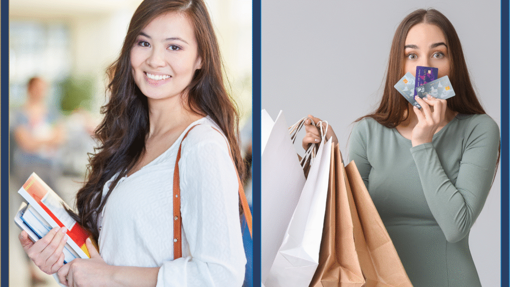 Two young women showing different spending habits, highlighting Gen Z money management and credit awareness.