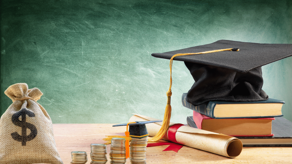College graduation symbol with money bag and coins showing student debt and credit building strategies.