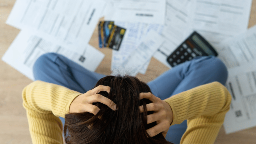 Stressed woman overwhelmed with bills, credit cards, and debt