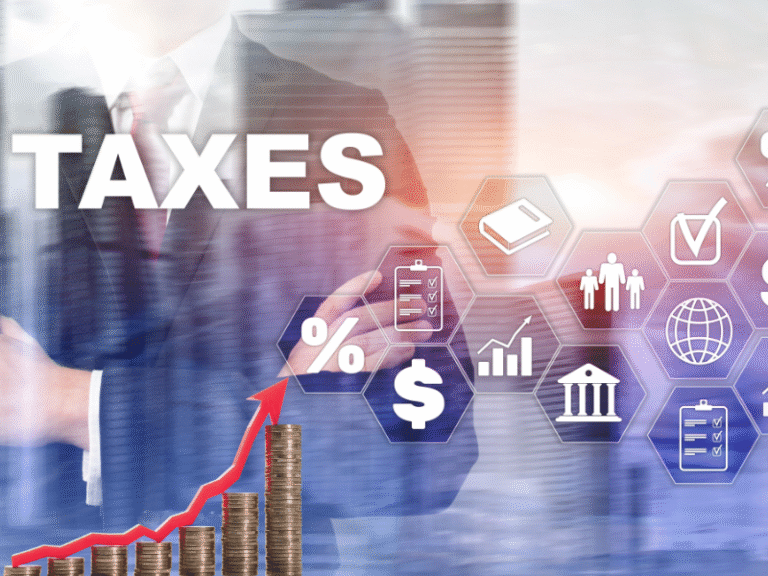 Financial planning concept with taxes, investment icons, and rising coins representing Roth IRA growth.