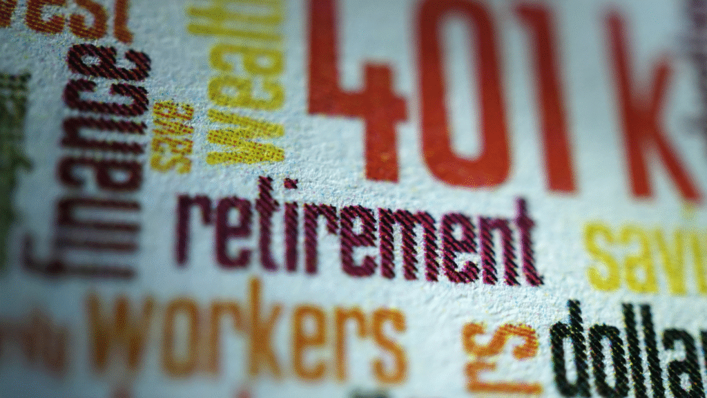Close-up word cloud featuring retirement and 401(k) terms