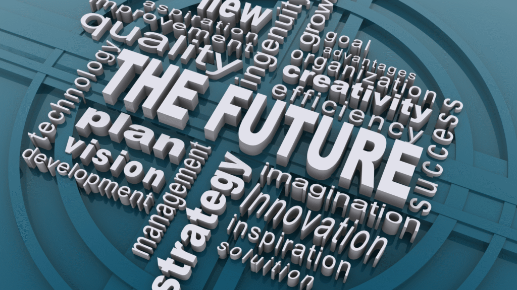 The Future and Innovation 3D word cloud representing strategy, technology, and business development.