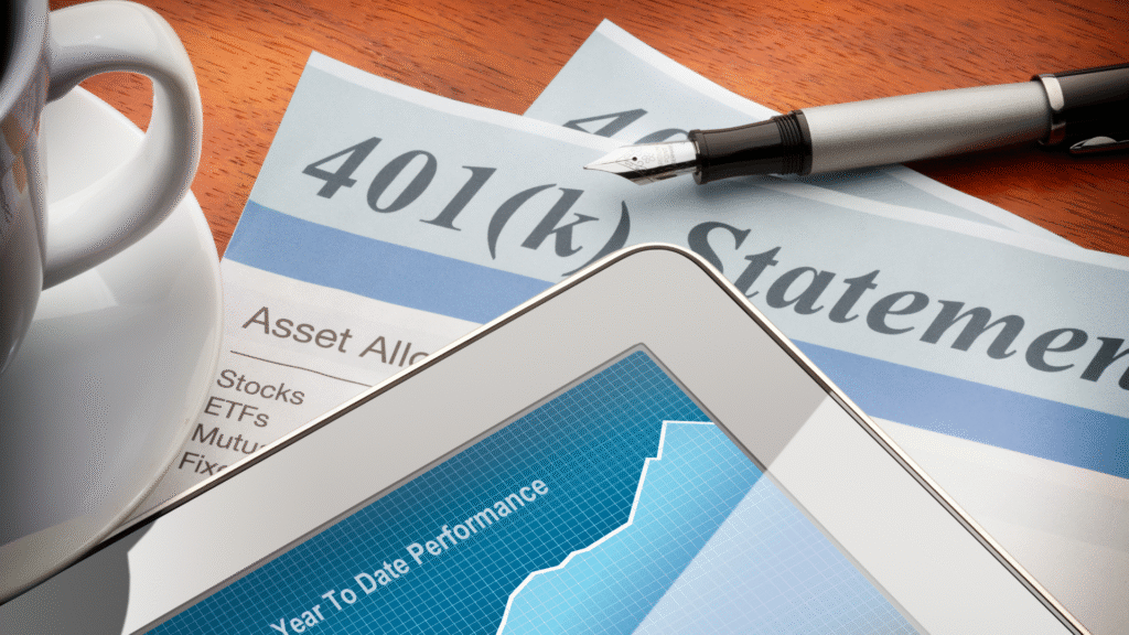 401(k) statement with performance chart and asset allocation documents