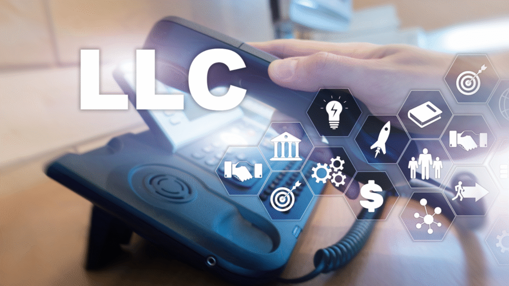 LLC concept image with business icons and office phone