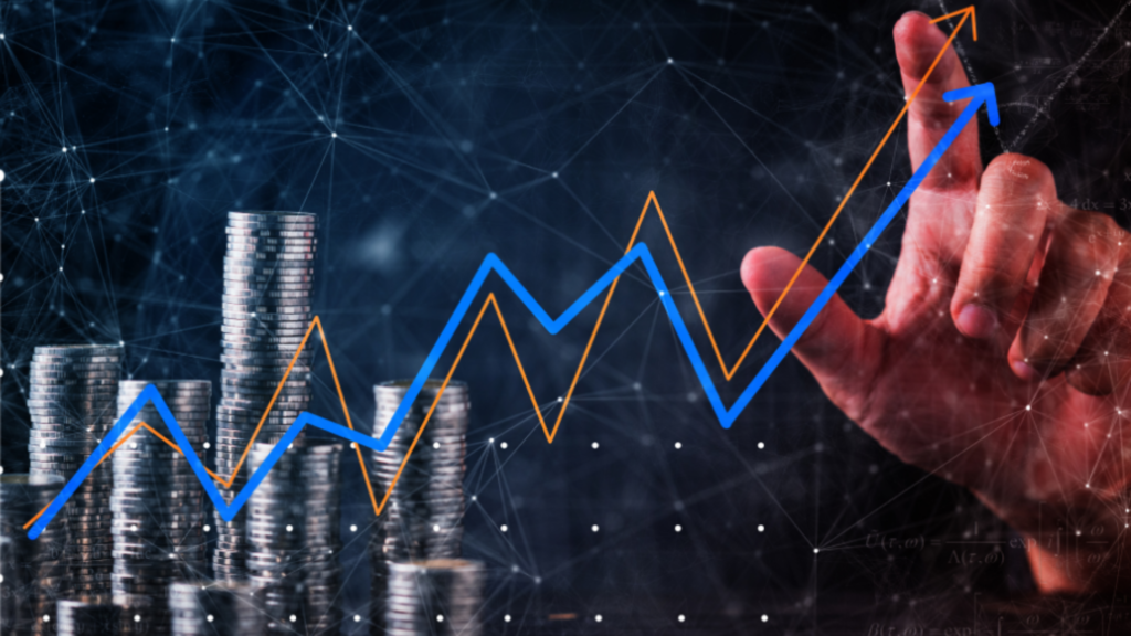 Investment bucket strategy protecting against market volatility, shown by rising financial chart and stacked coins