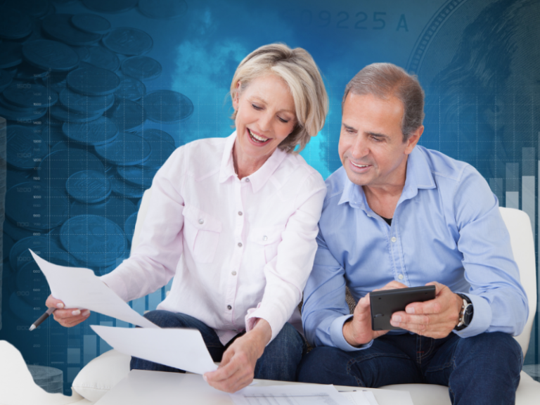 Senior couple reviewing retirement finances for cash-flow safety and low-volatility investment planning