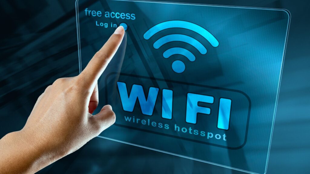 Be careful with public Wi-Fi illustration showing a person connecting to a free wireless hotspot on a public network