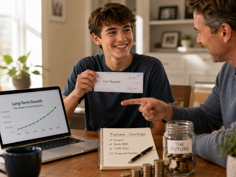 Teen and parent reviewing custodial Roth IRA growth chart together