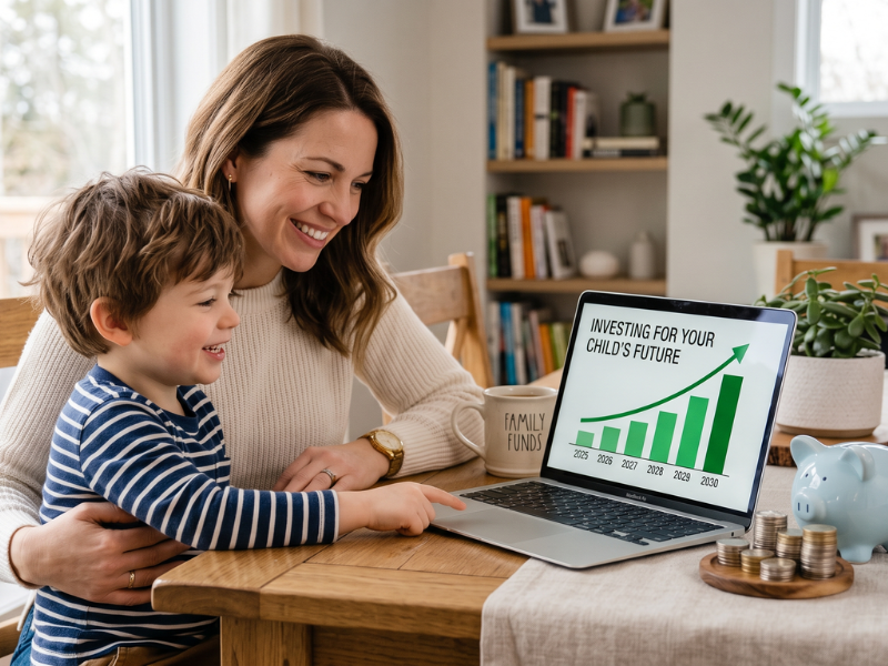 Mother and child reviewing an investment growth chart illustrating Trump Accounts, a savings option for a child's future.