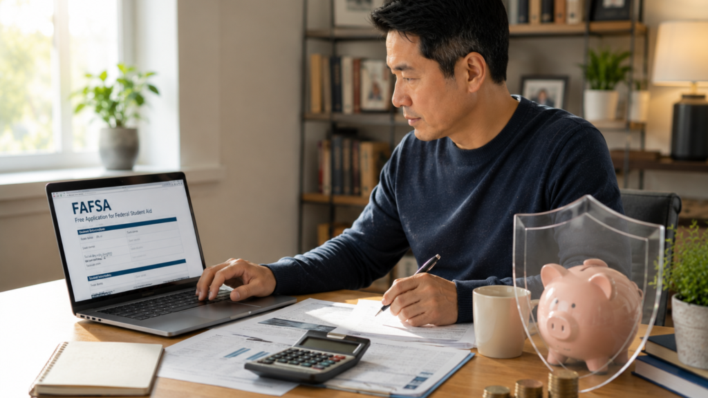 Parent reviewing FAFSA form with a shielded piggy bank representing protected Roth IRA savings