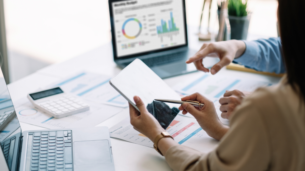 Business valuation process with financial charts, reports, and performance analysis