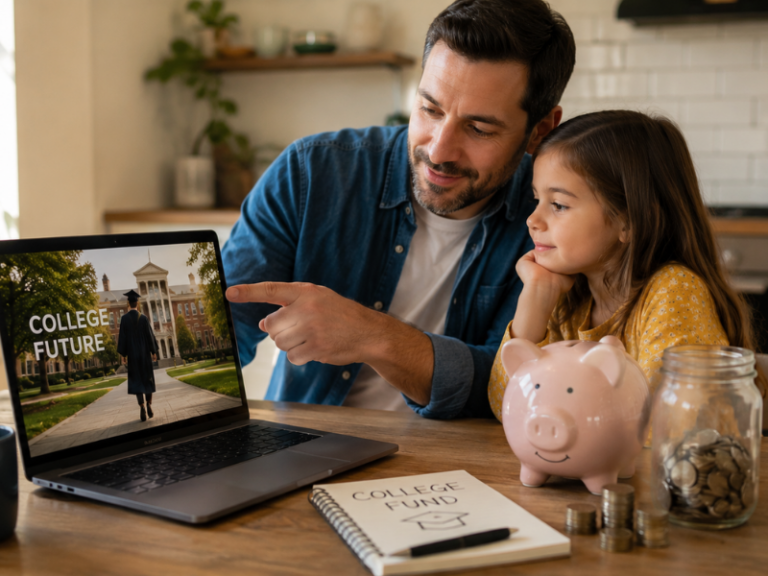 Parent and child reviewing 529 college savings plan with piggy bank and coin jar on table