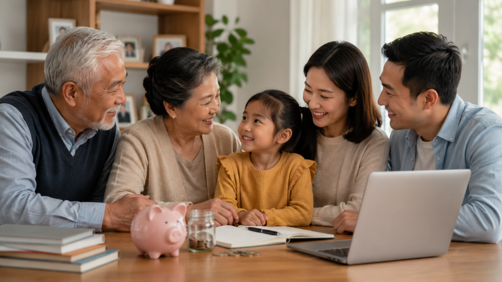 Three generations of a family smiling together at the table, representing 529 plan beneficiary flexibility across family members
