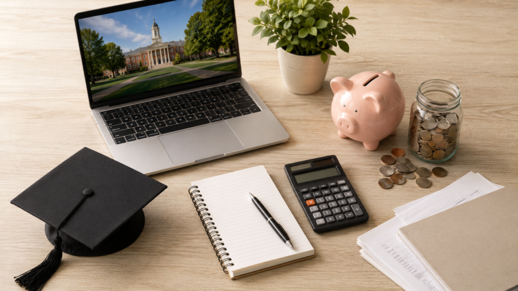 Desk with graduation cap, calculator, and savings jar representing a 529 college savings plan